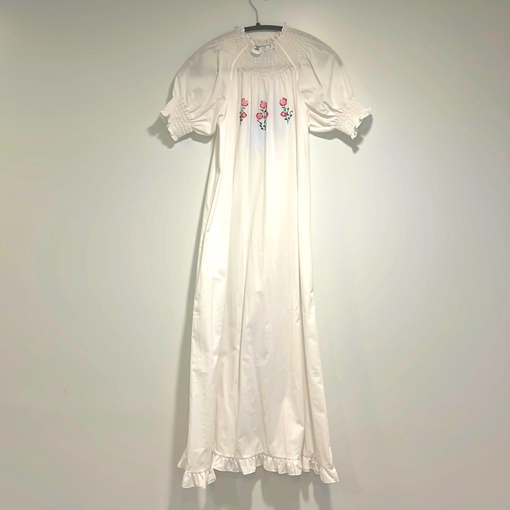 Hill House White Puff Sleeve Maxi Dress with Pink Floral Embroidery